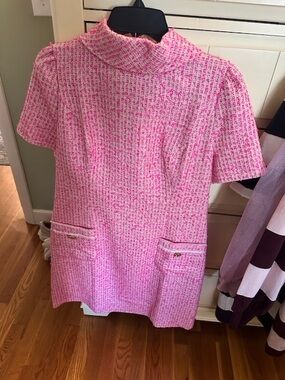 Lilly Pulitzer Hot Pink Tweed dress with Gold Trim